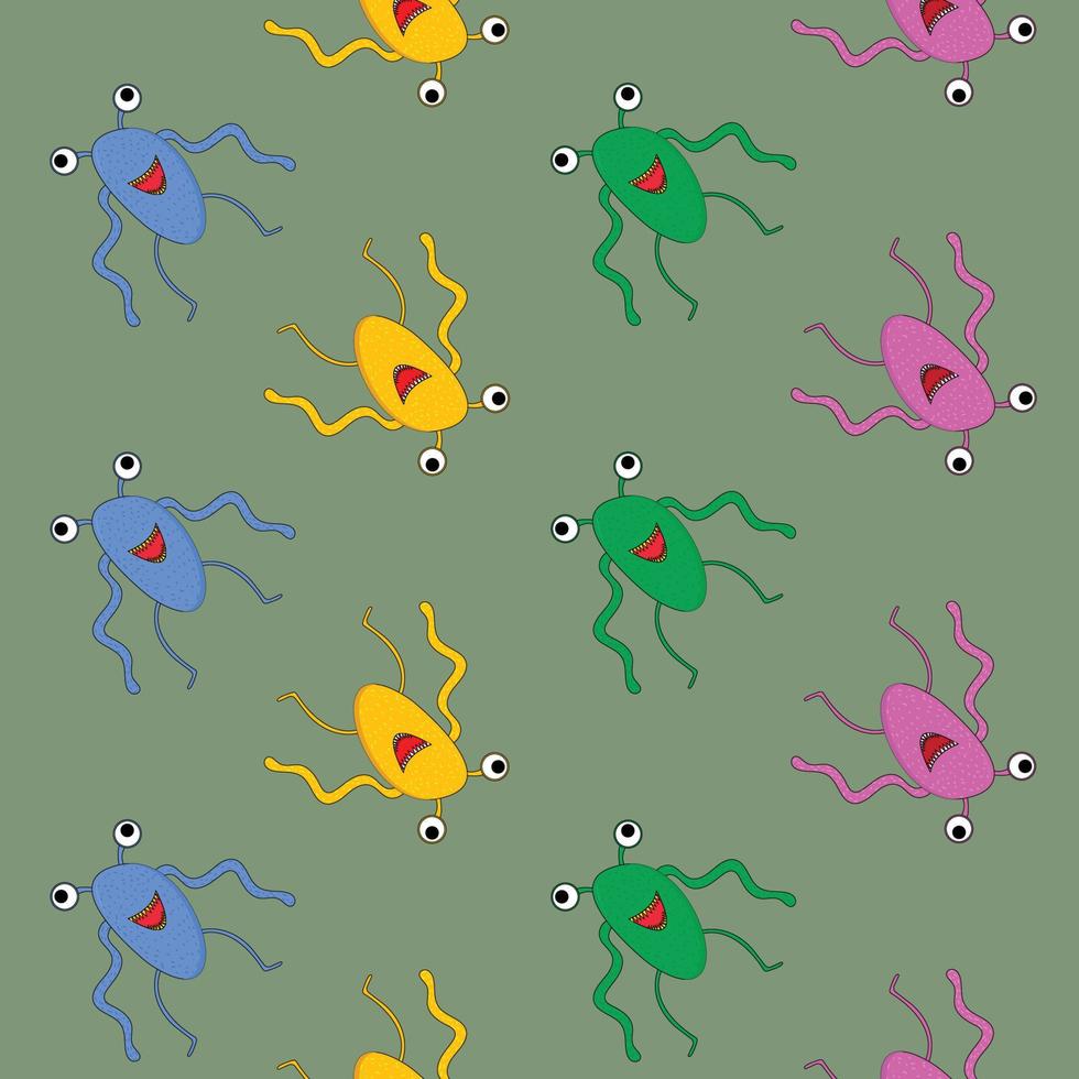 Childish  pattern with cute monsters on green background. Vector texture for children clothes, fabrics, textiles