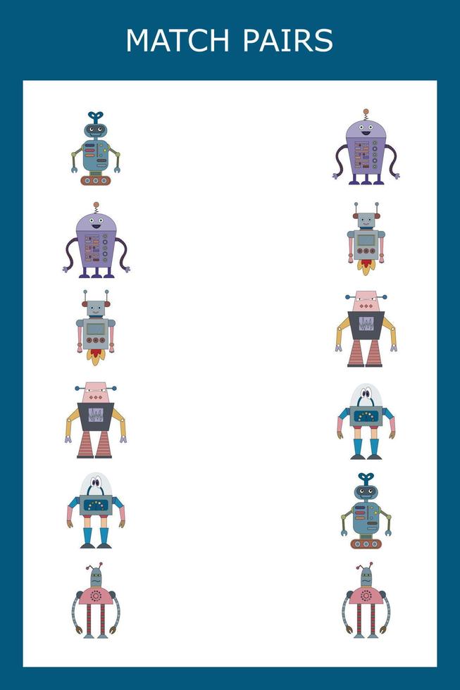 Find a pair or match game with robots.  Worksheet for preschool kids, kids activity sheet, printable worksheet vector