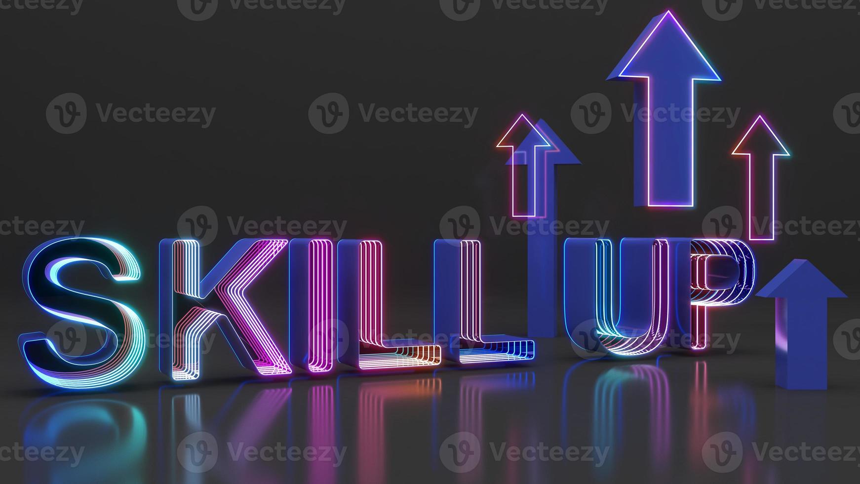 An abstract representation of skills developing for business and gaming competition.Skill up Characters with Neon Light and arrow,3d rendering photo