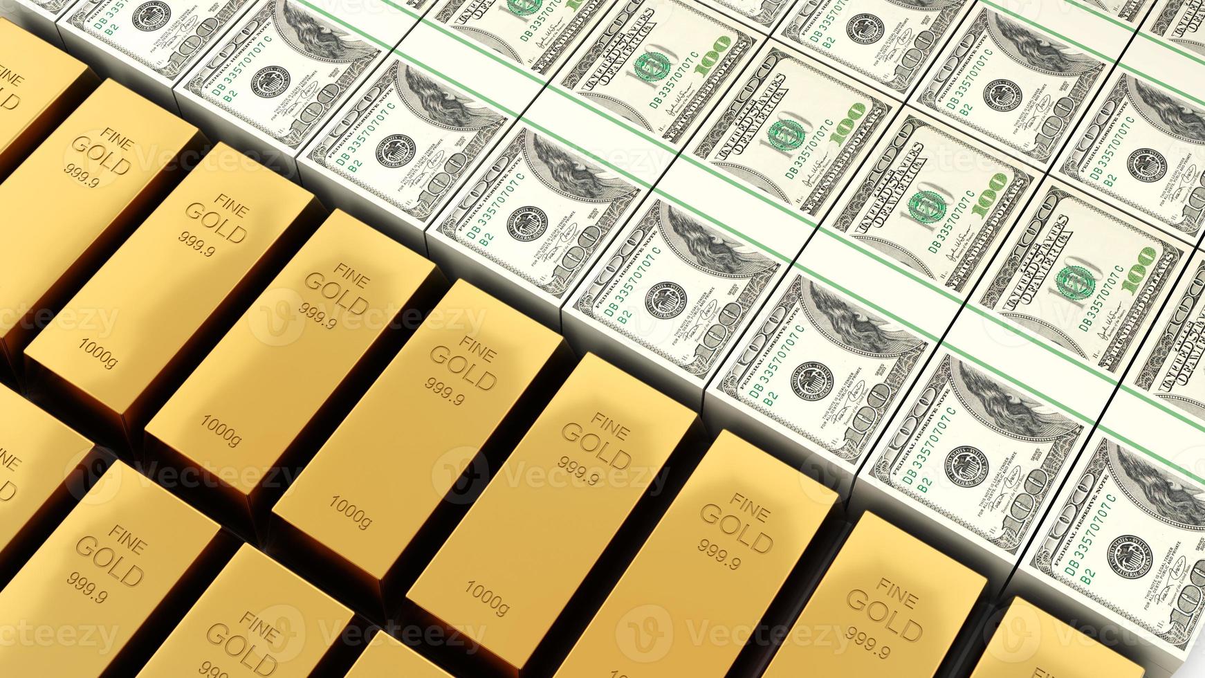 dólares estadounidenses y materias primas oro, oro vs comparación de efectivo, economía de inversión, representación 3d foto