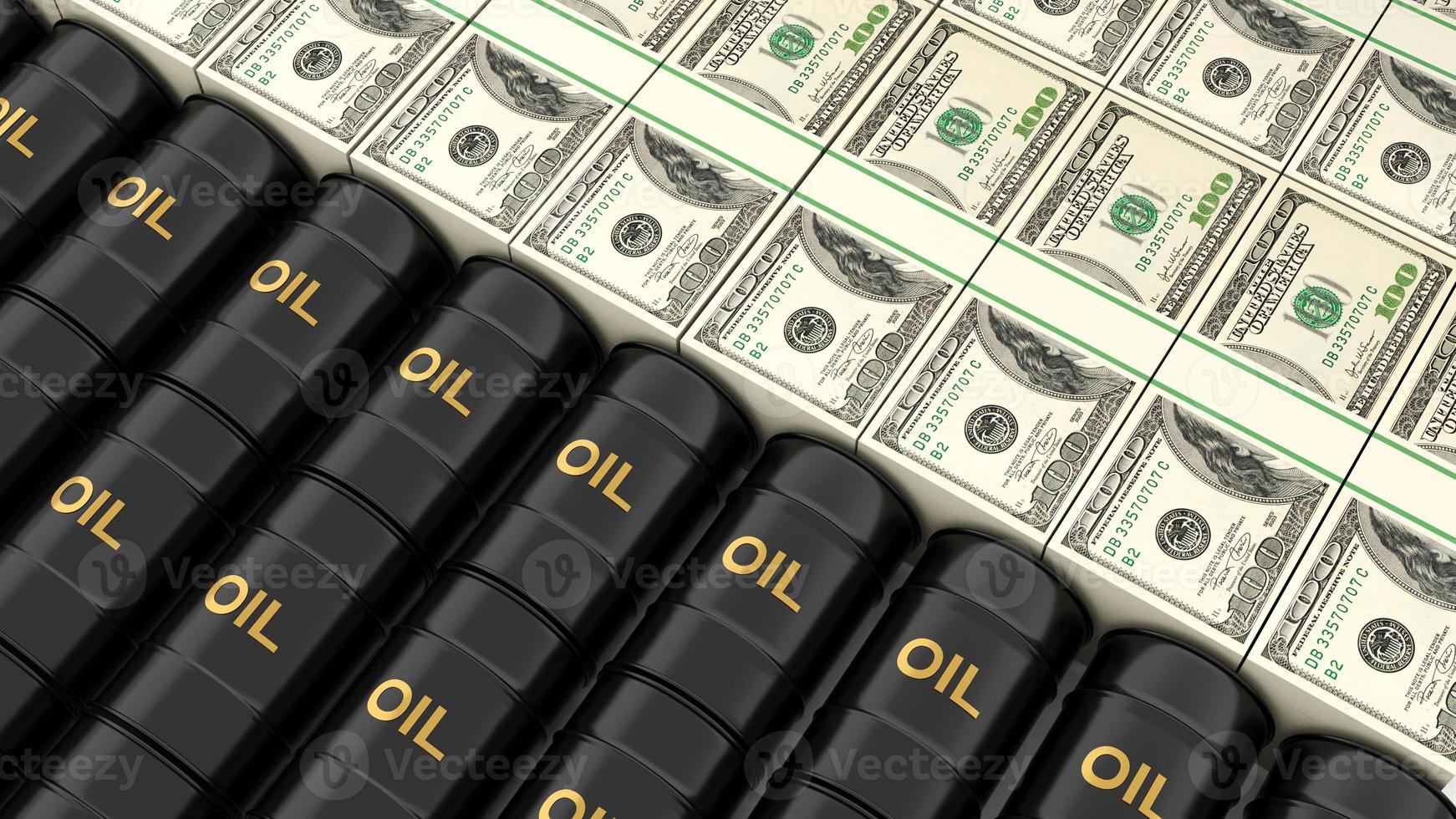 tanque de petróleo y efectivo, precio del petróleo subiendo o bajando, usando dinero estadounidense para comprar petróleo, comparación entre efectivo y petróleo, representación 3d foto