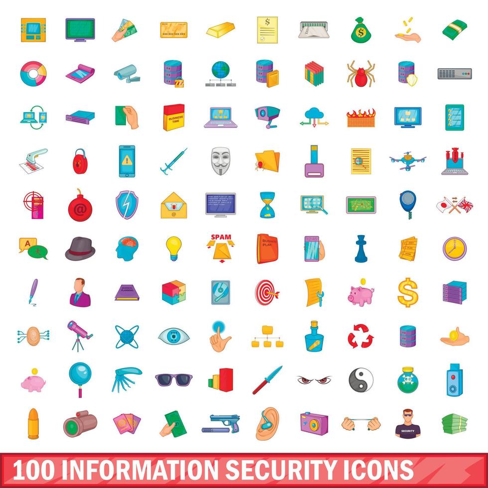 100 information security icons set, cartoon style vector