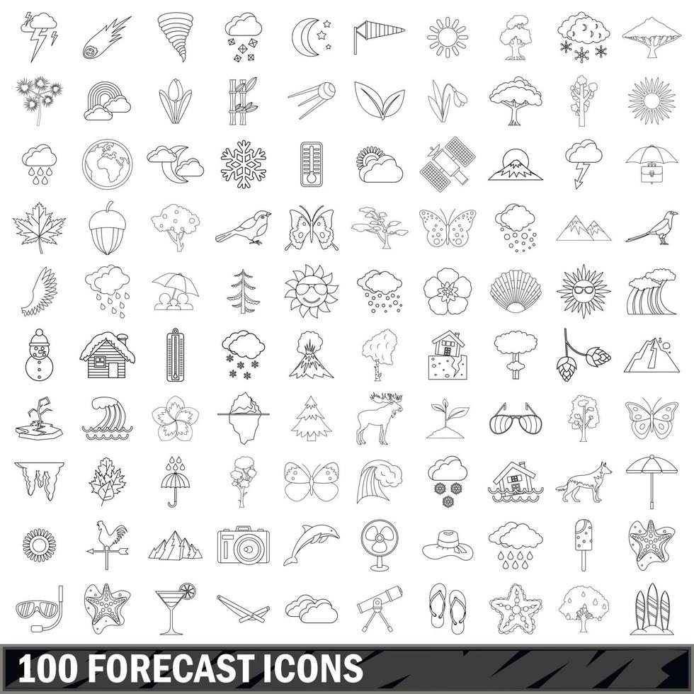 100 iconos de previsión establecidos, estilo de contorno vector