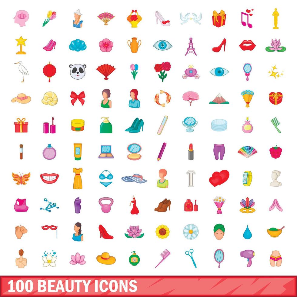 100 iconos de belleza, estilo de dibujos animados vector