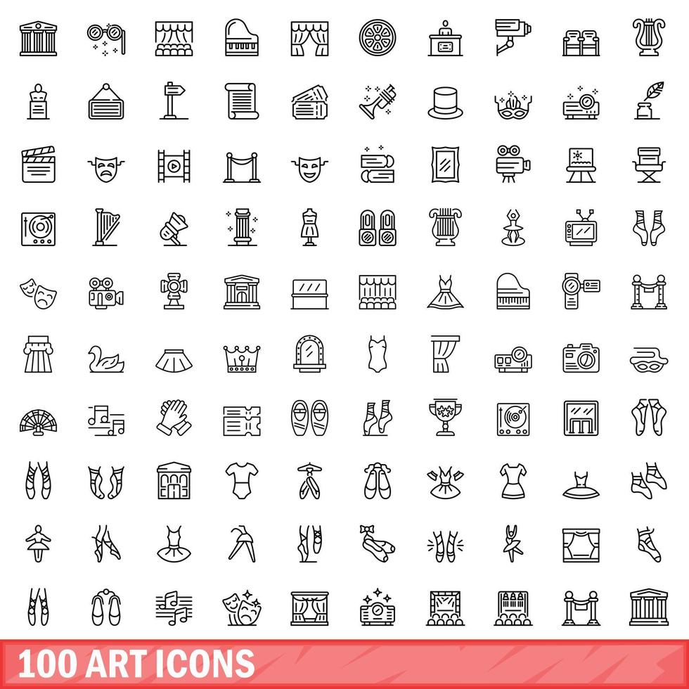100 art icons set, outline style vector
