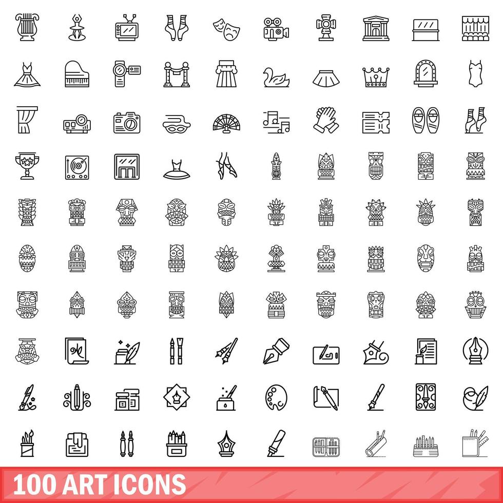 100 art icons set, outline style vector