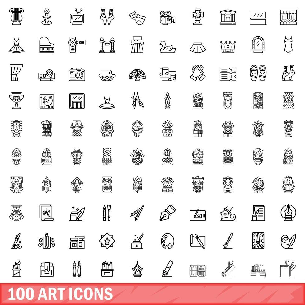 100 art icons set, outline style vector