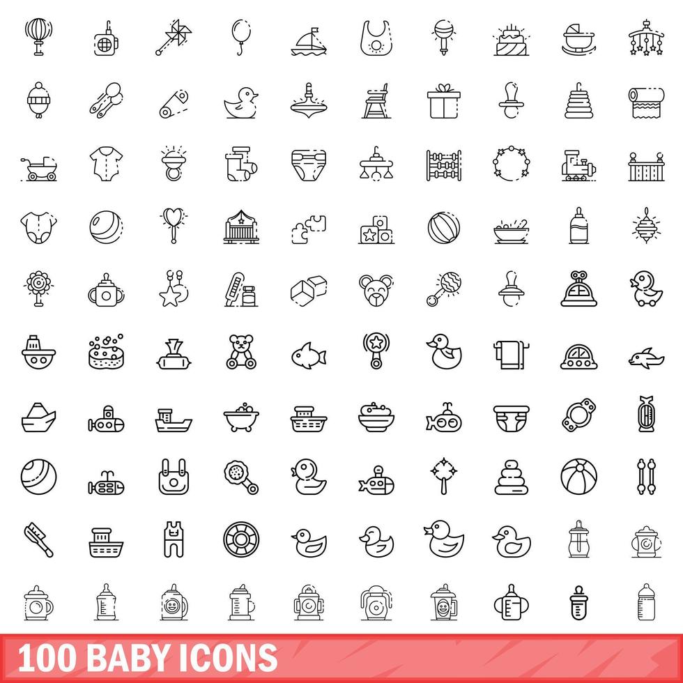 100 baby icons set, outline style vector