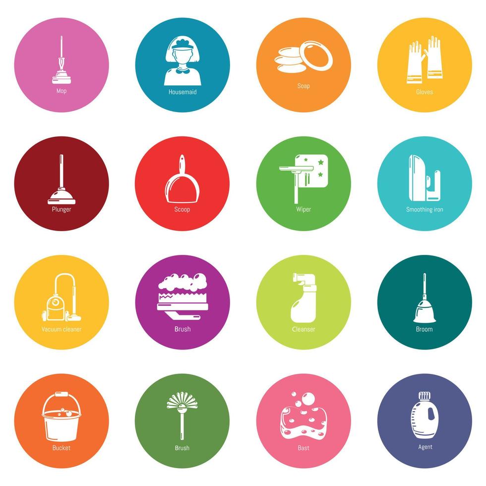 Cleaning tools icons set colorful circles vector