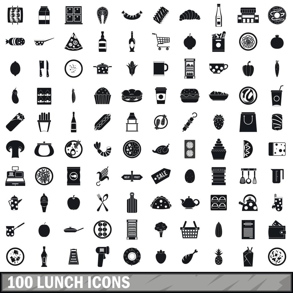 100 iconos de almuerzo, estilo simple vector