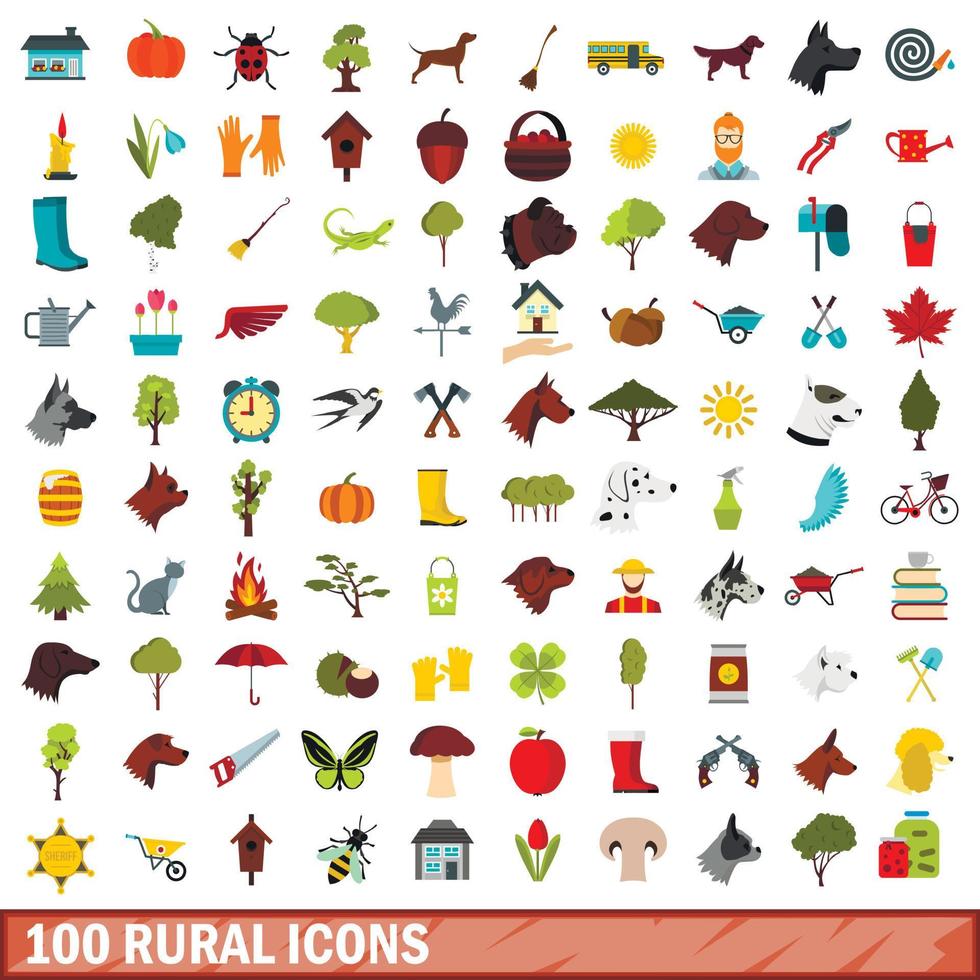 100 iconos rurales, estilo plano vector