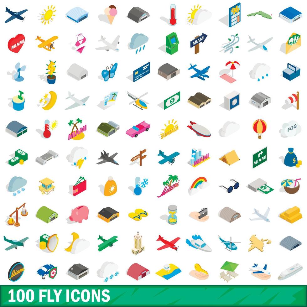 100 fly icons set, isometric 3d style vector