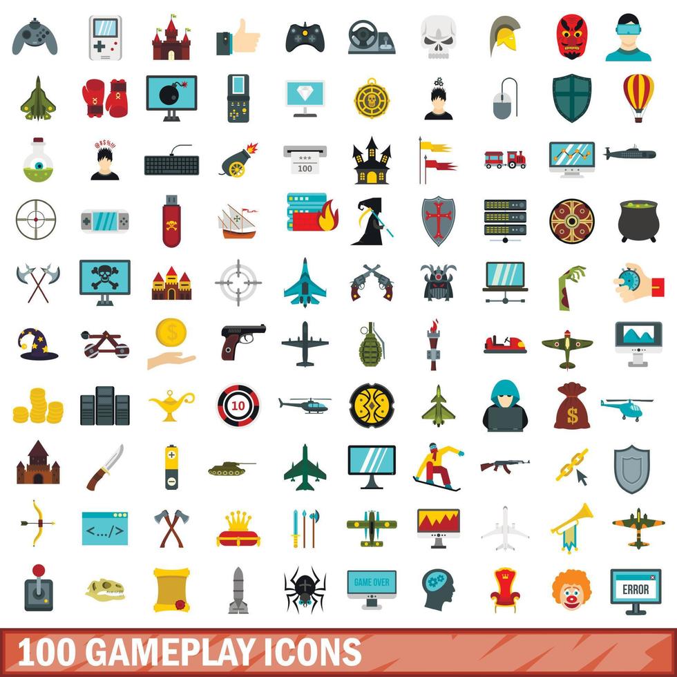 100 iconos de juego establecidos, estilo plano vector