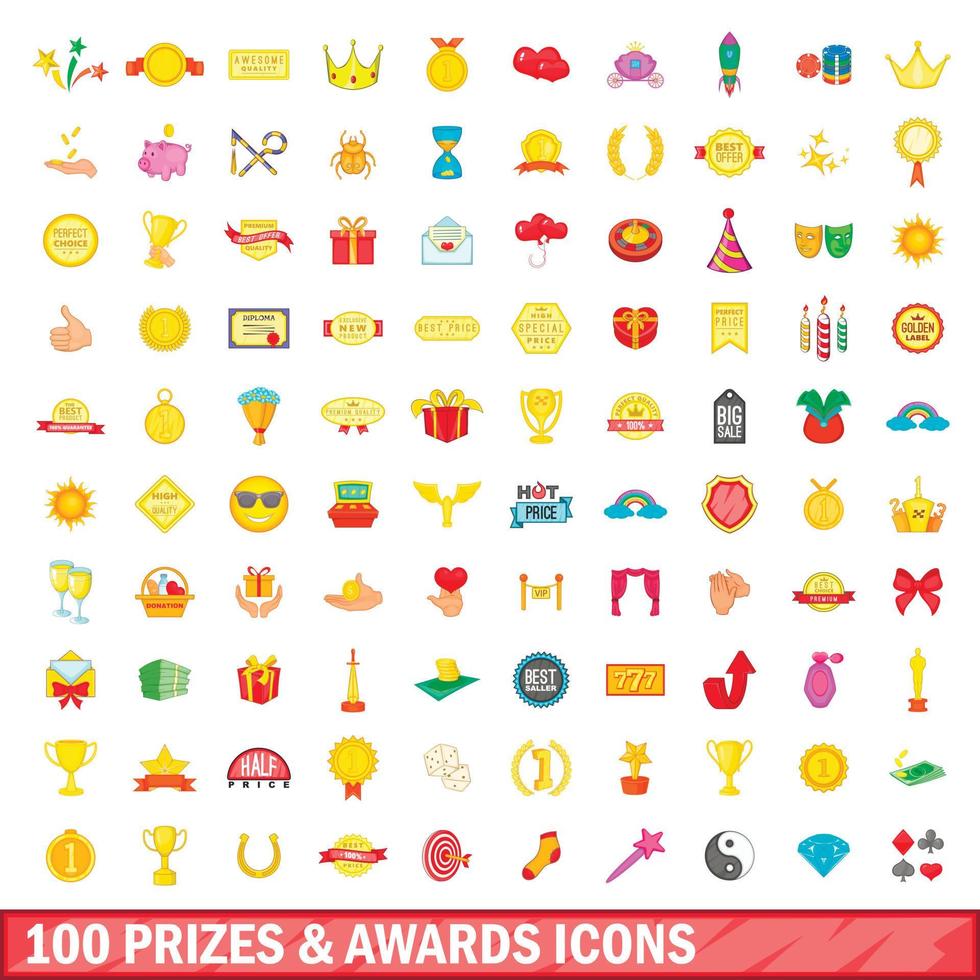 100 prizes and awards icons set, cartoon style vector