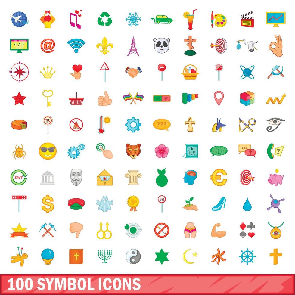 100 iconos de símbolos, estilo de dibujos animados vector