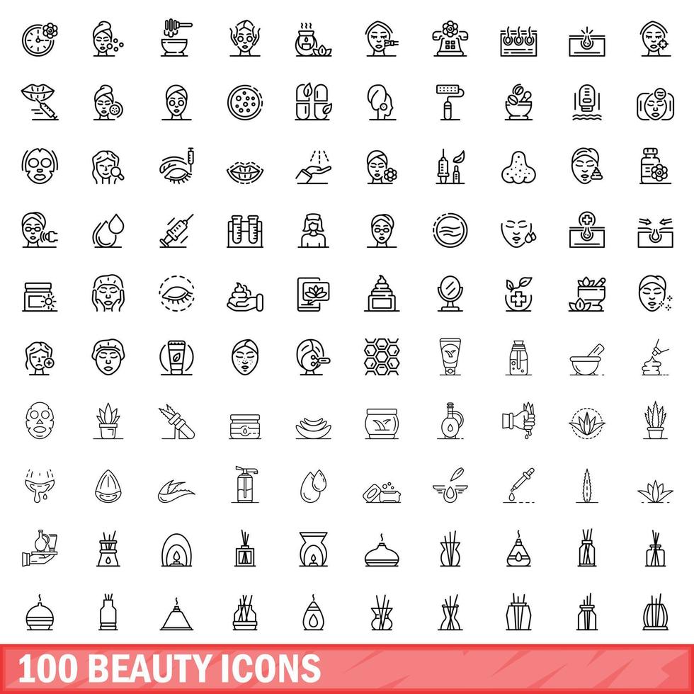100 beauty icons set, outline style vector