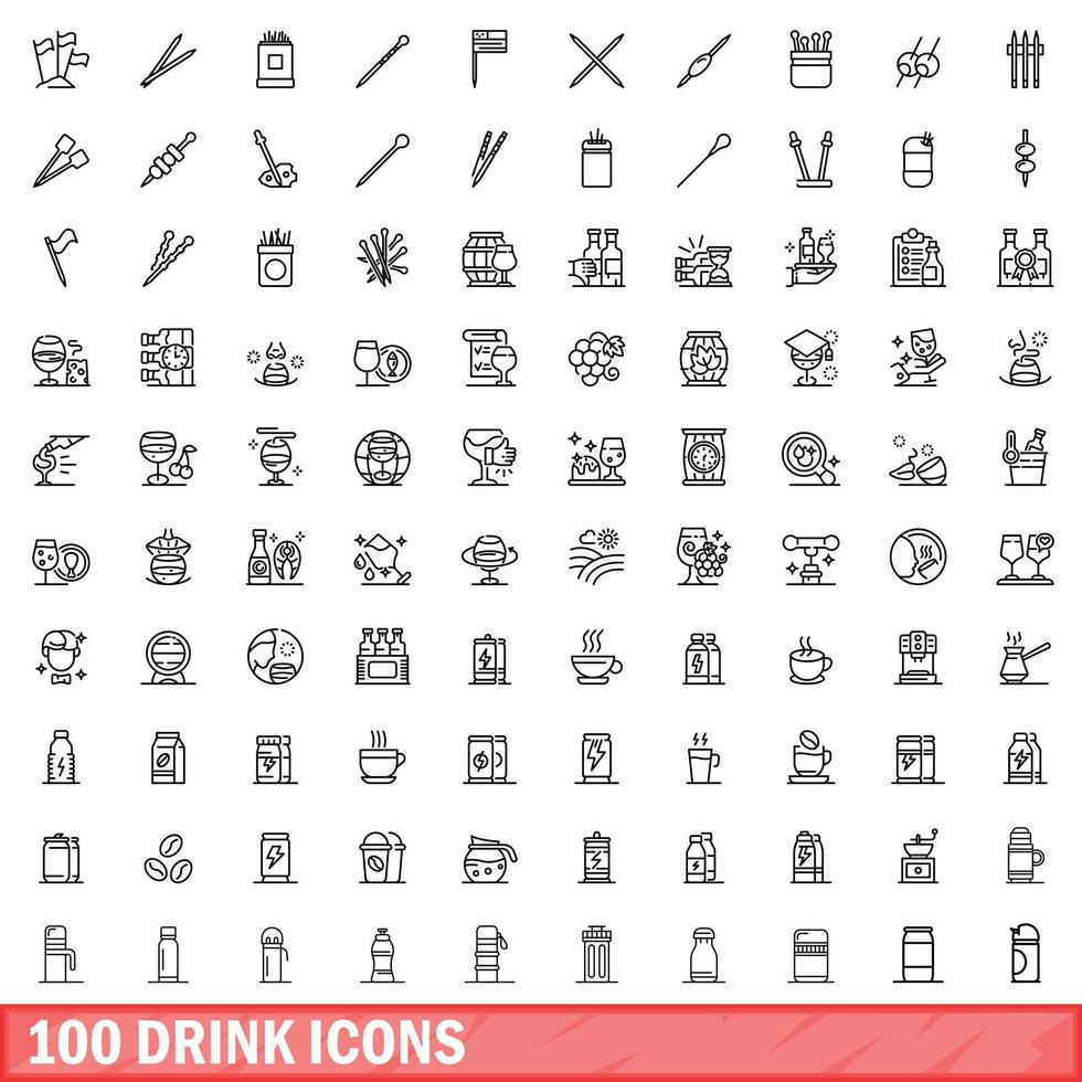 100 drink icons set, outline style vector