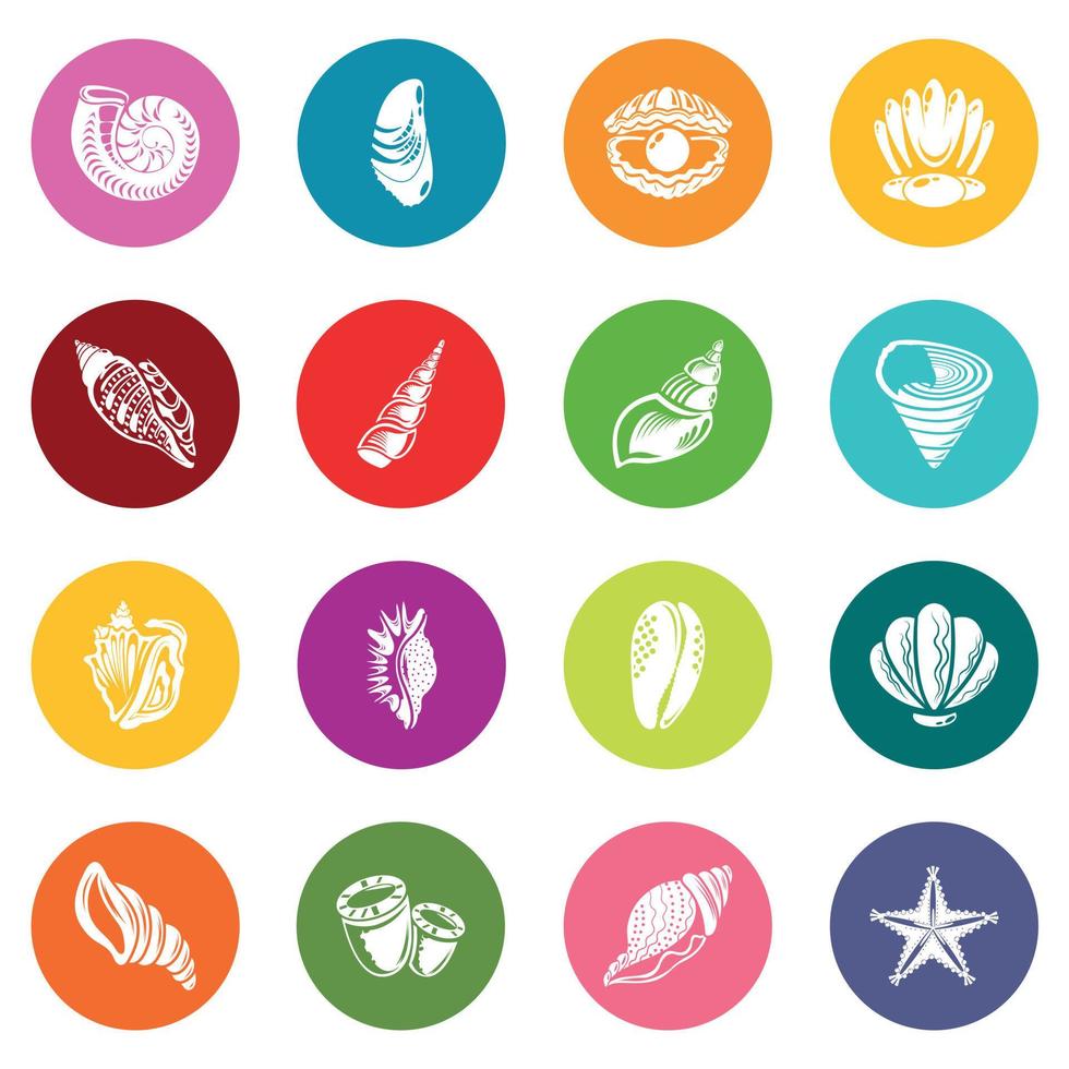 Tropical sea shell icons set colorful circles vector