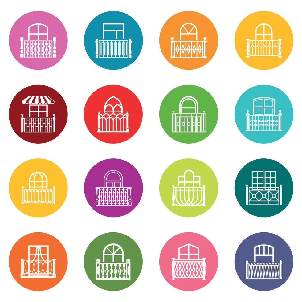 Balcony window icons set colorful circles vector