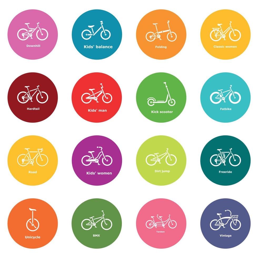 Conjunto de iconos de tipos de bicicleta vector de círculos coloridos