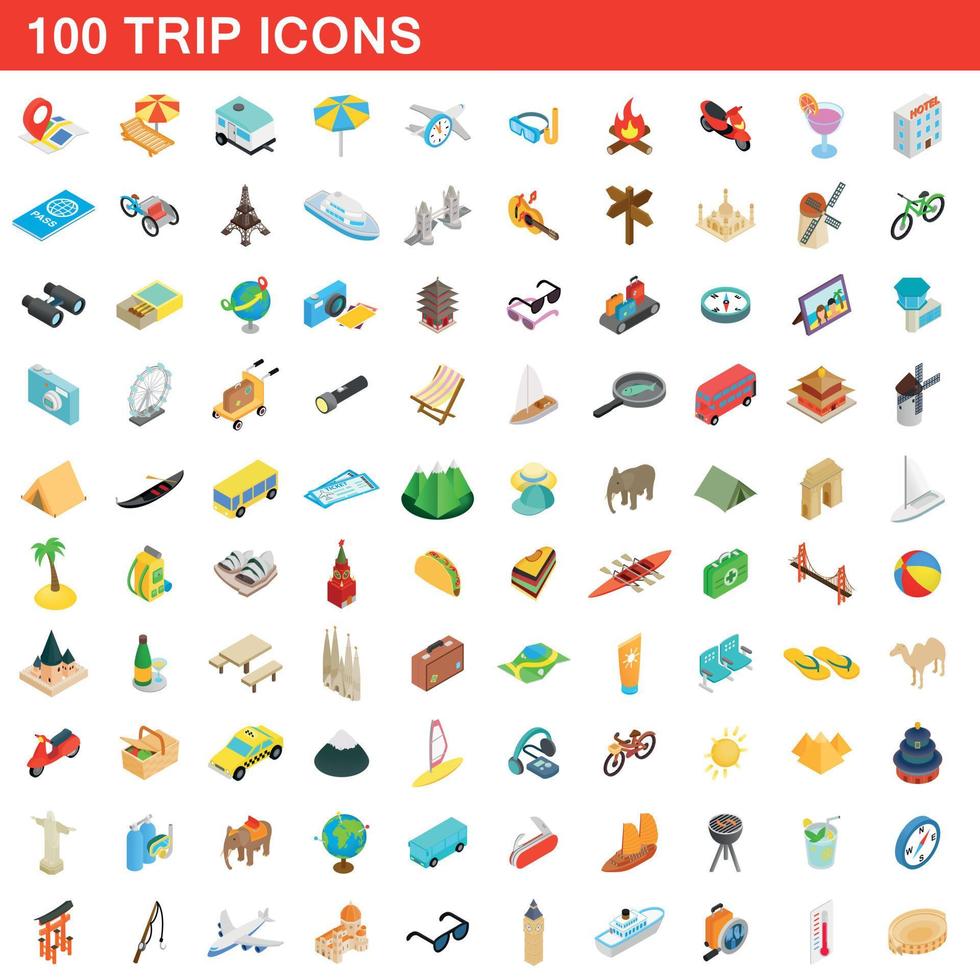 100 iconos de viaje, estilo isométrico 3d vector