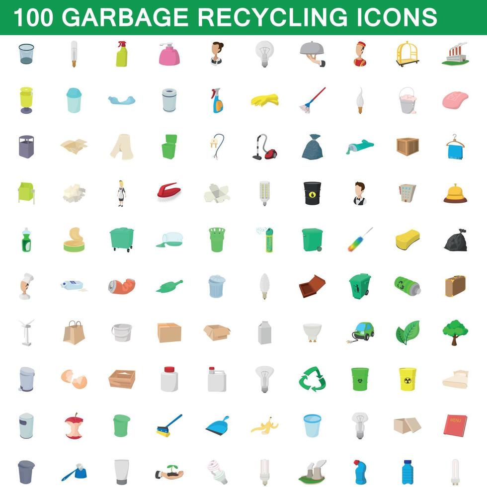 100 garbage recycling icons set, cartoon style vector