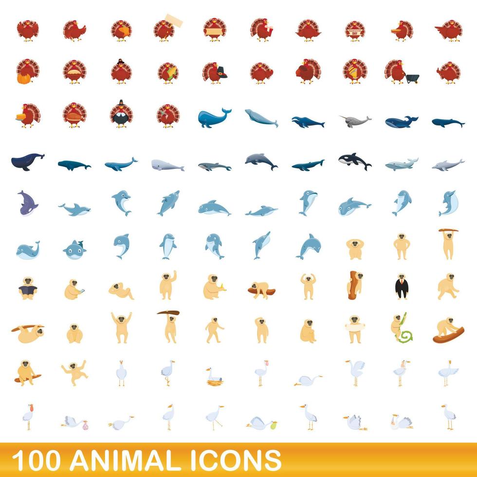 100 animales, conjunto de iconos de estilo de dibujos animados vector