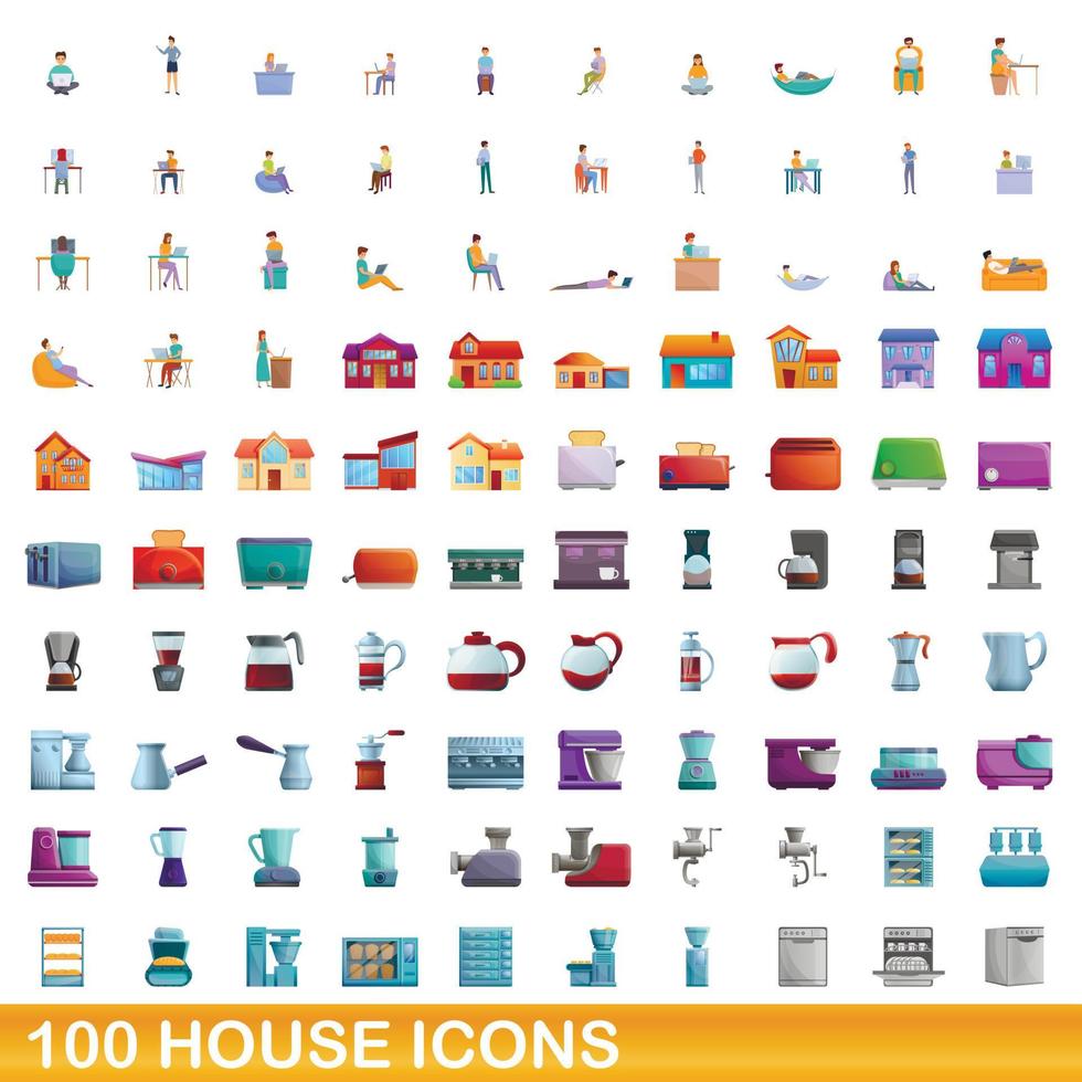 100 house icons set, cartoon style vector