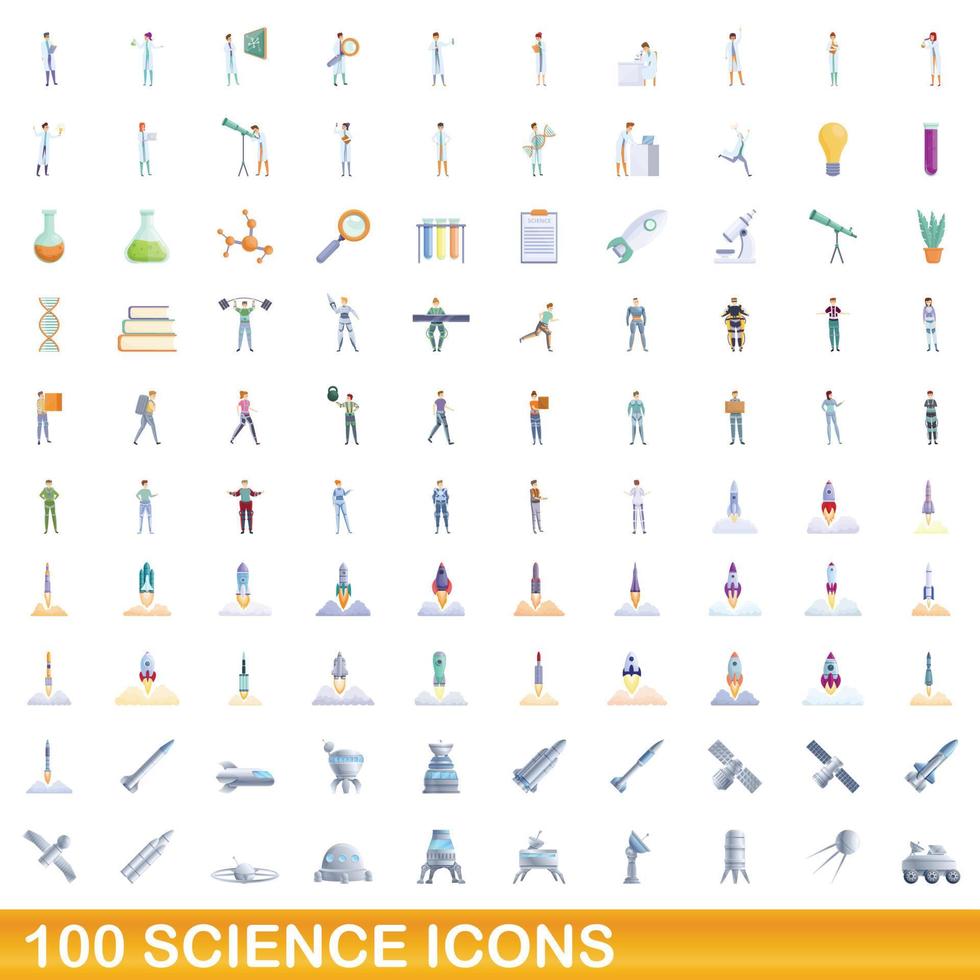 100 ciencia, conjunto de iconos de estilo de dibujos animados vector