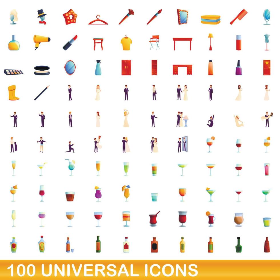 100 iconos universales, estilo de dibujos animados vector