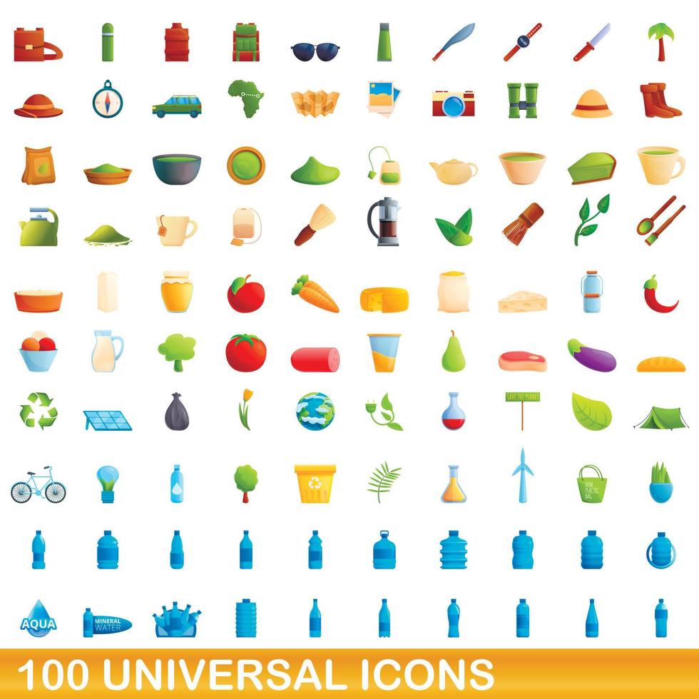 100 universal icons set, cartoon style vector