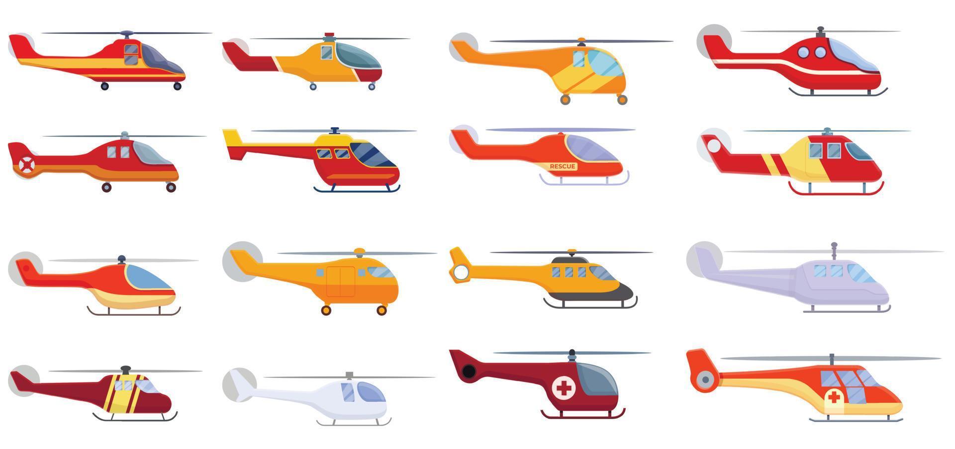 Helicóptero de rescate, conjunto de iconos de estilo de dibujos animados vector