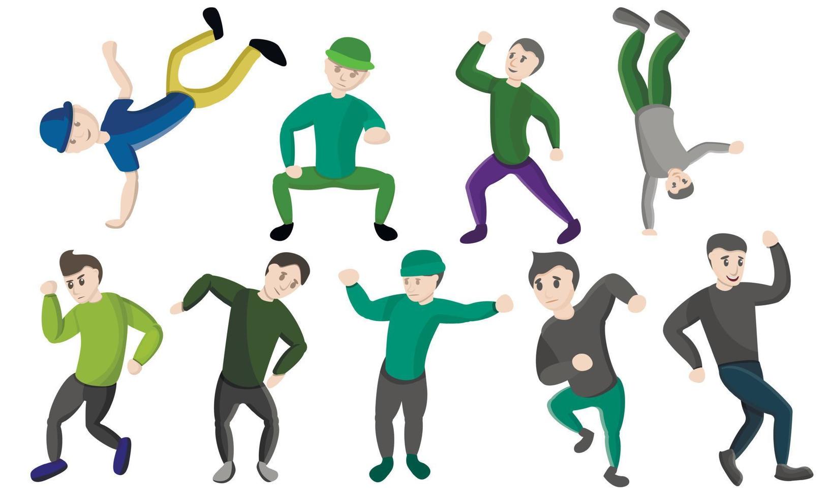 Hiphop dance icons set, cartoon style vector