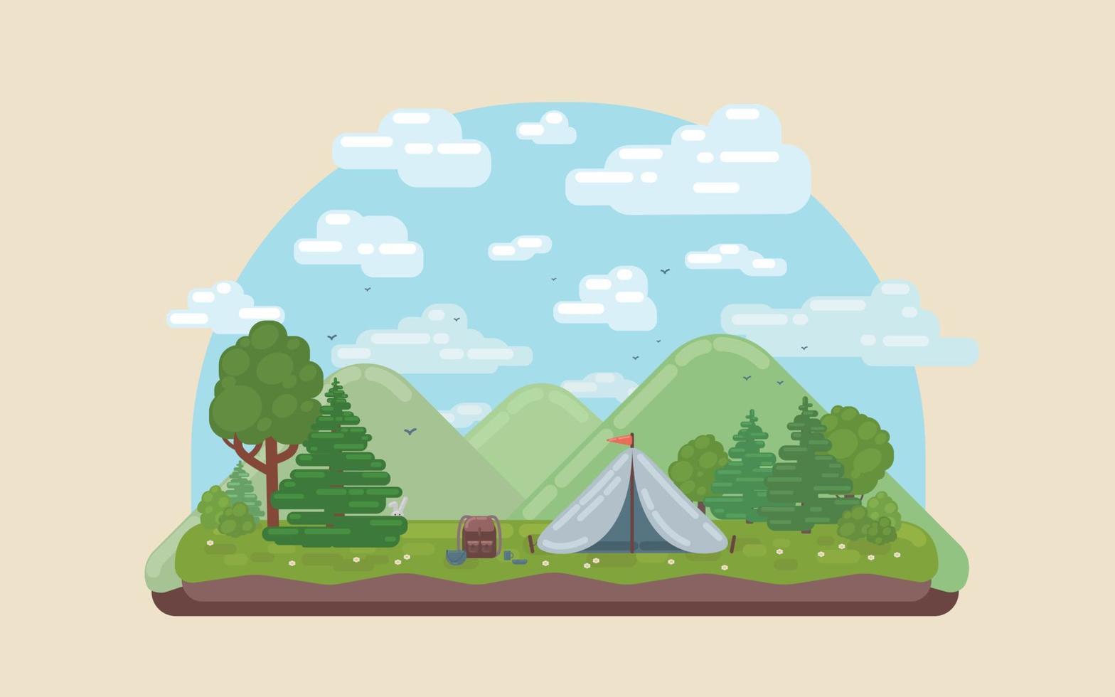 Landscape with forest campsite against mountains in background. vector