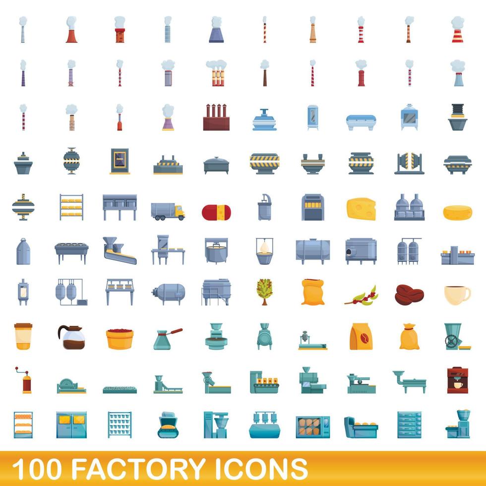 100 iconos de fábrica, estilo de dibujos animados vector