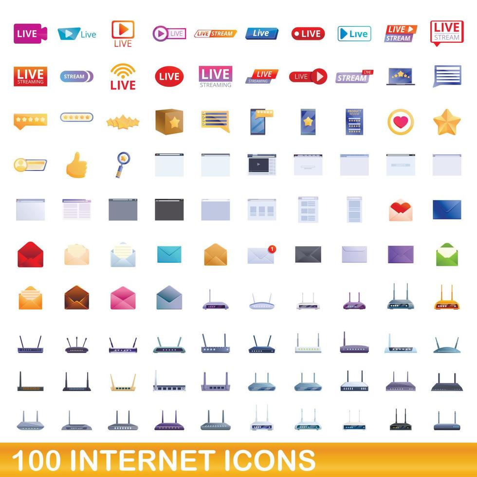 100 internet icons set, cartoon style vector