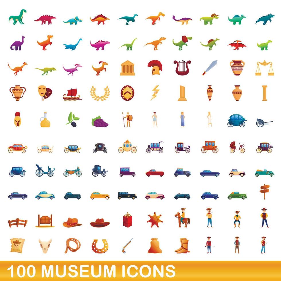 100 iconos de museo, estilo de dibujos animados vector