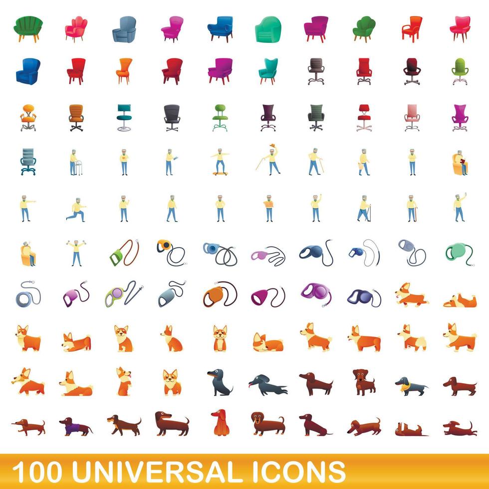 100 iconos universales, estilo de dibujos animados vector