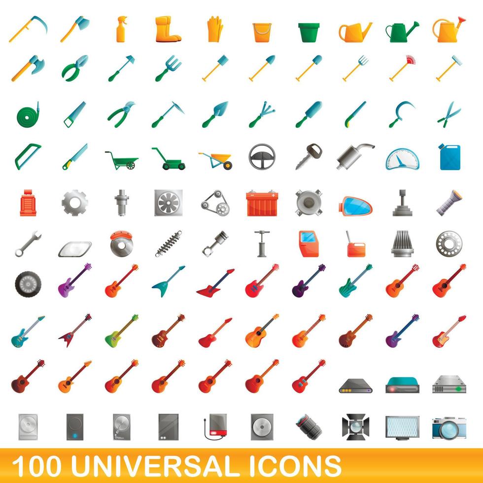 100 universal icons set, cartoon style vector