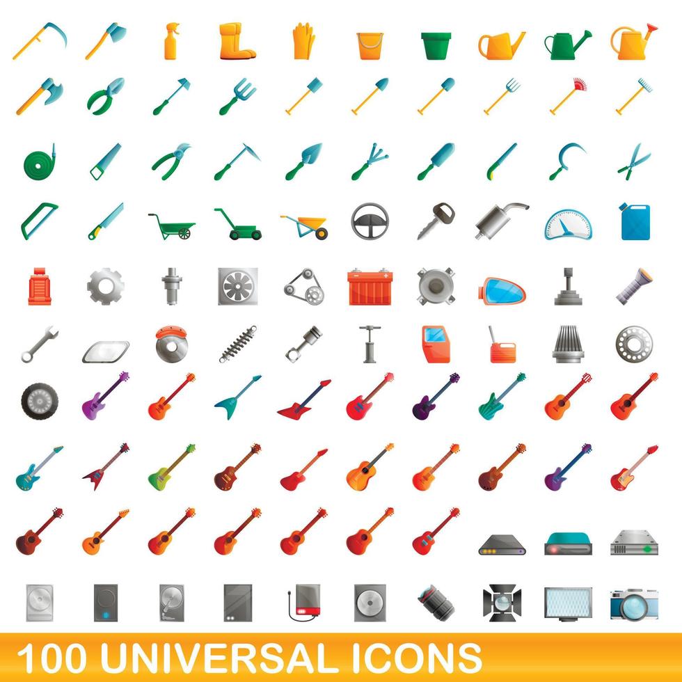 100 iconos universales, estilo de dibujos animados vector