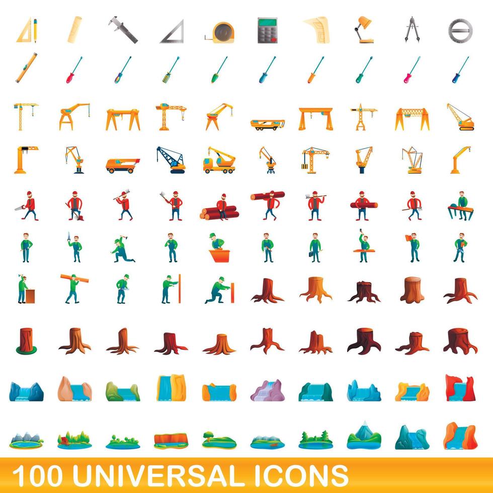 100 iconos universales, estilo de dibujos animados vector