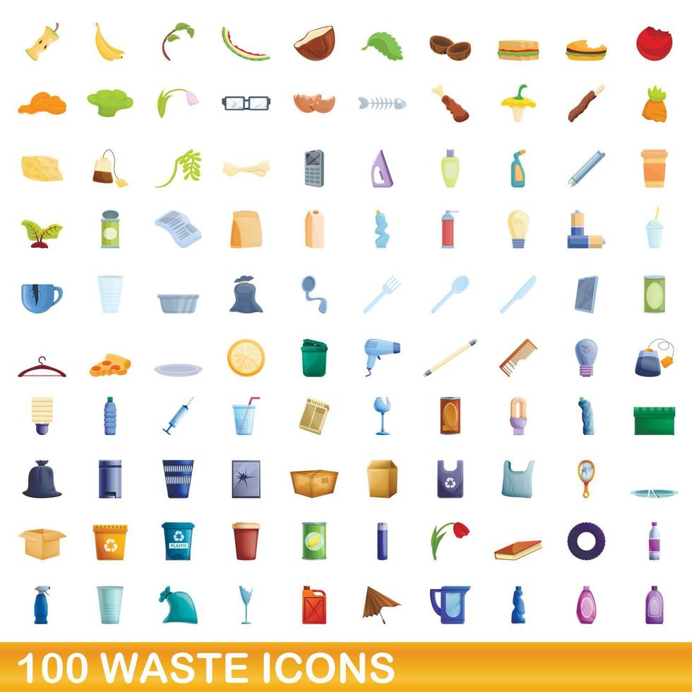 100 waste icons set, cartoon style vector