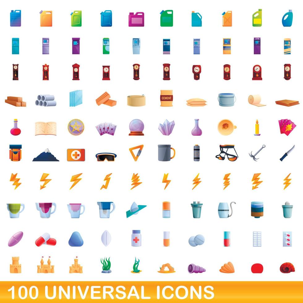 100 universal icons set, cartoon style vector