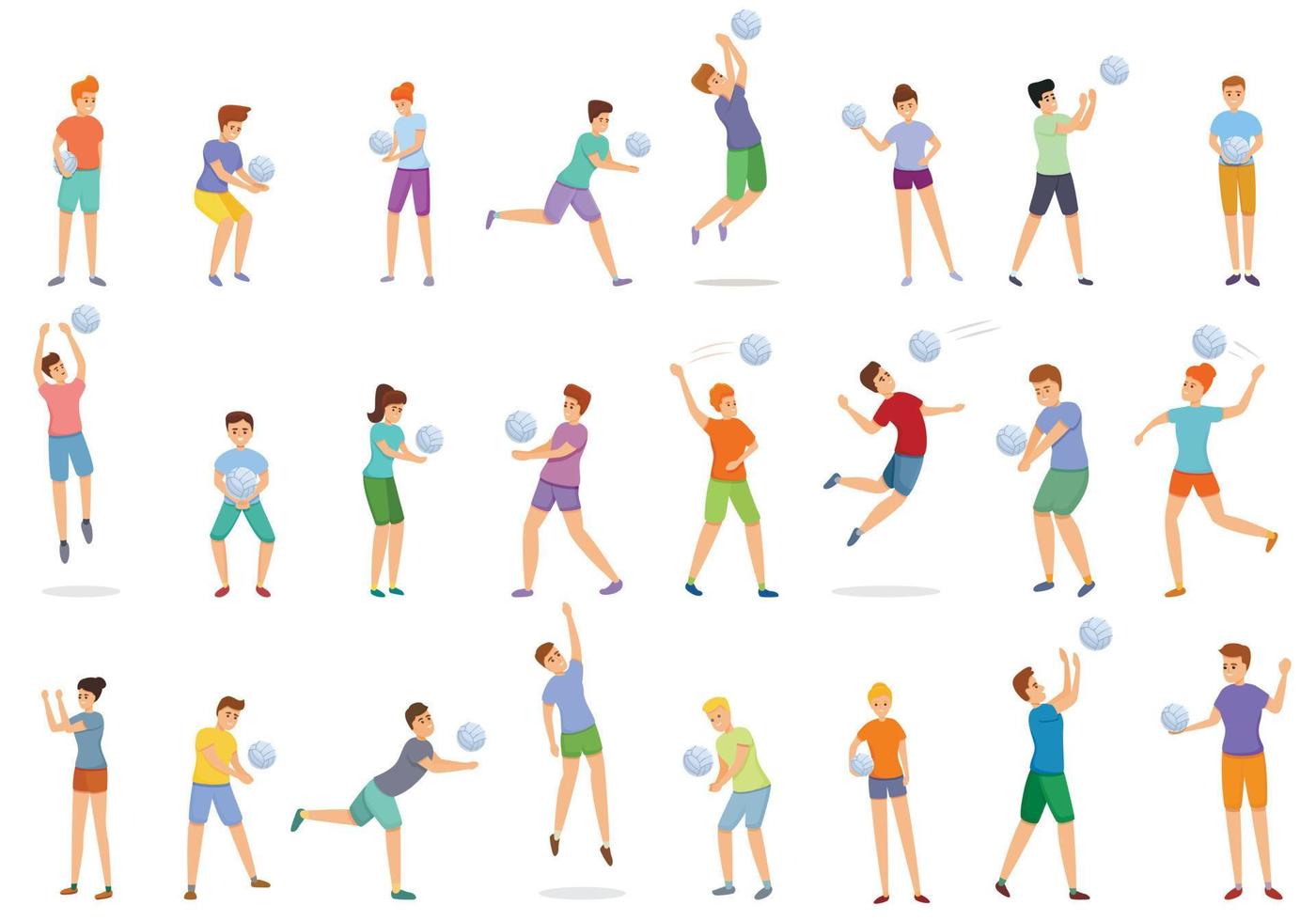 Kids playing volleyball icons set, cartoon style vector