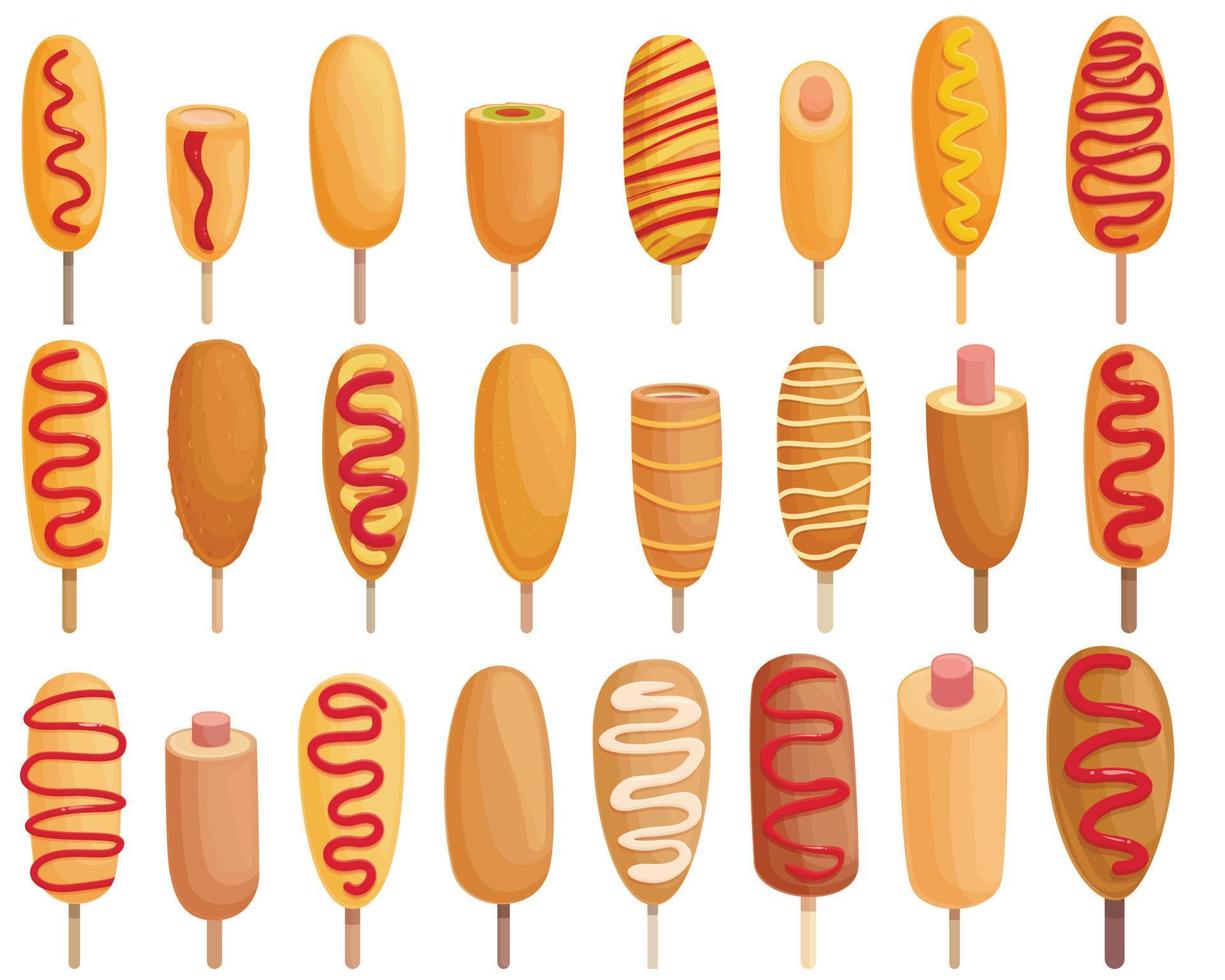 Corn dog icons set cartoon vector. American carnival vector