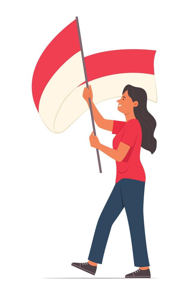 mujer sosteniendo la bandera indonesia para celebrar el día de la independencia de indonesia vector