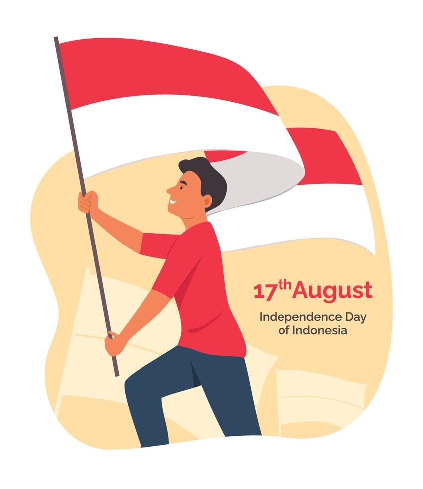 hombre que sostiene la bandera indonesia para celebrar el día de la independencia de indonesia vector