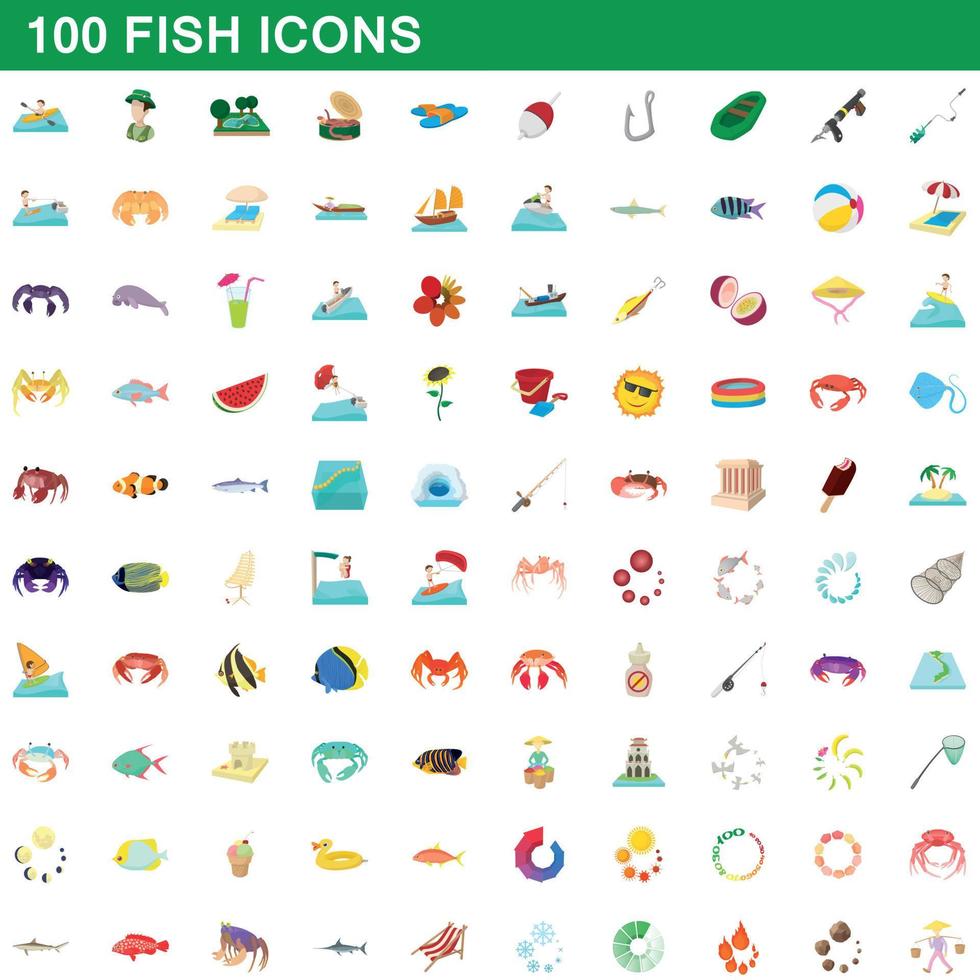 100 fish icons set, cartoon style vector