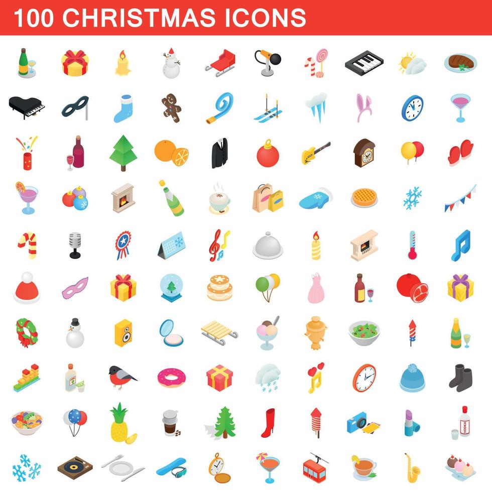 100 iconos de navidad, estilo isométrico 3d vector