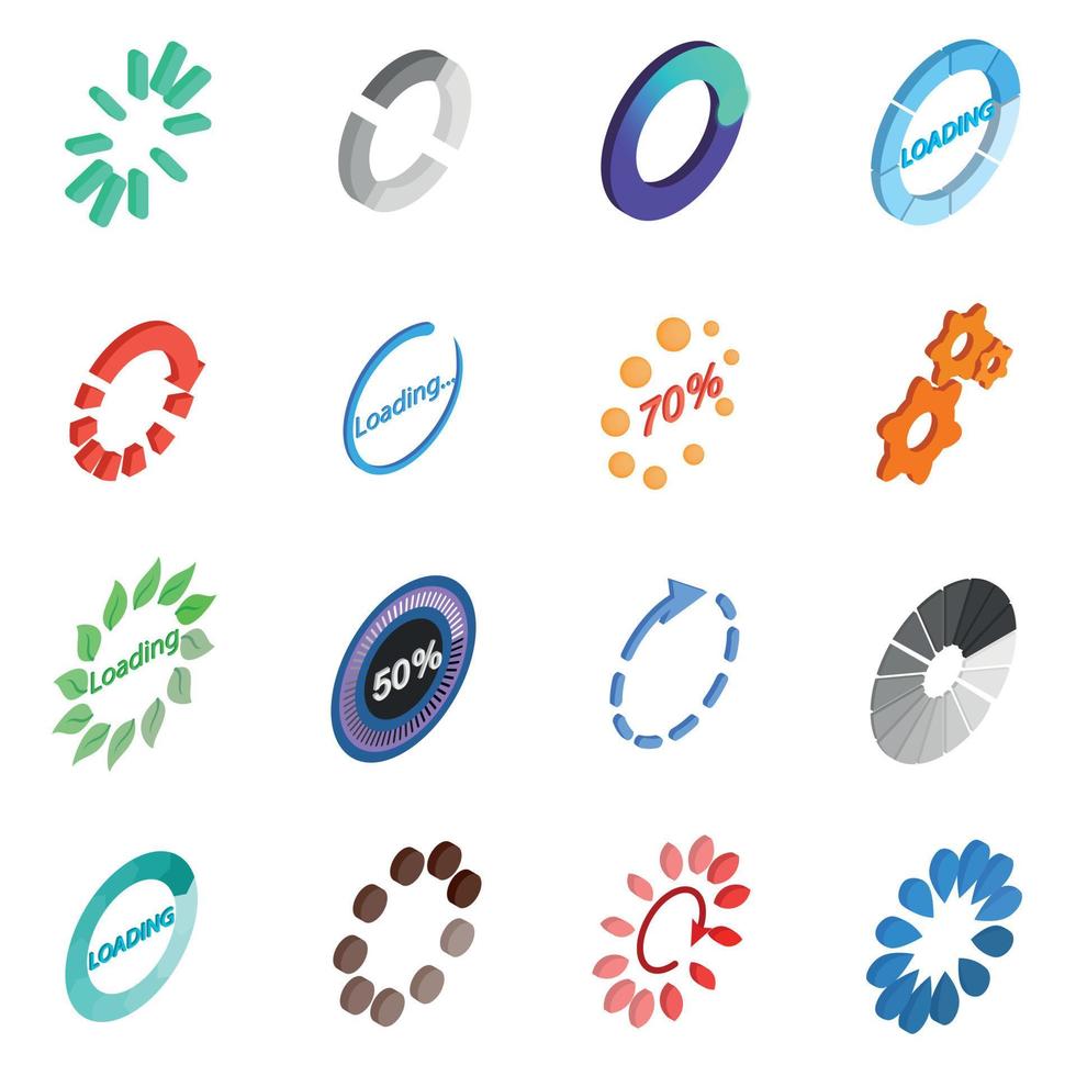 Loading icons set, isometric 3d style vector